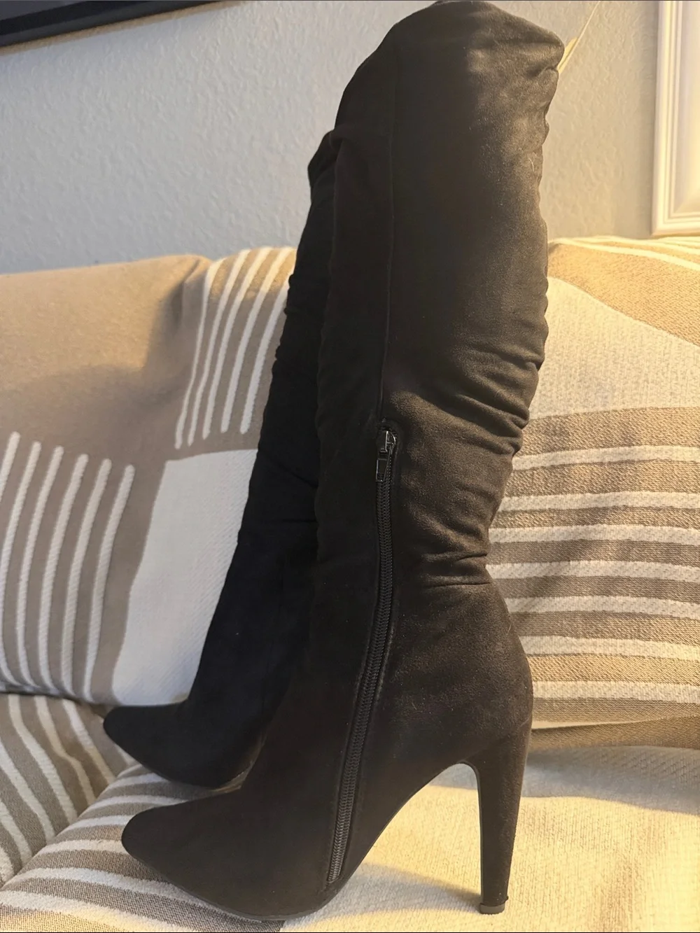 Over-the-Knee Black Suede Boots with Pointed Toe